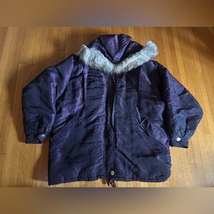 Vtg 90s Izzi Iridescent  Purple Puffer with Detachable Fox-Lined Hood, Size M